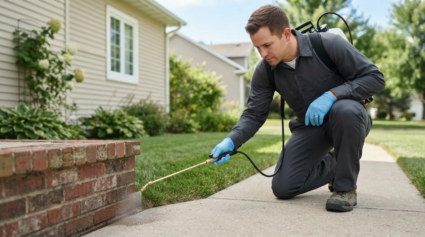 Pest control technician treating a home near Saint Anthony, ND